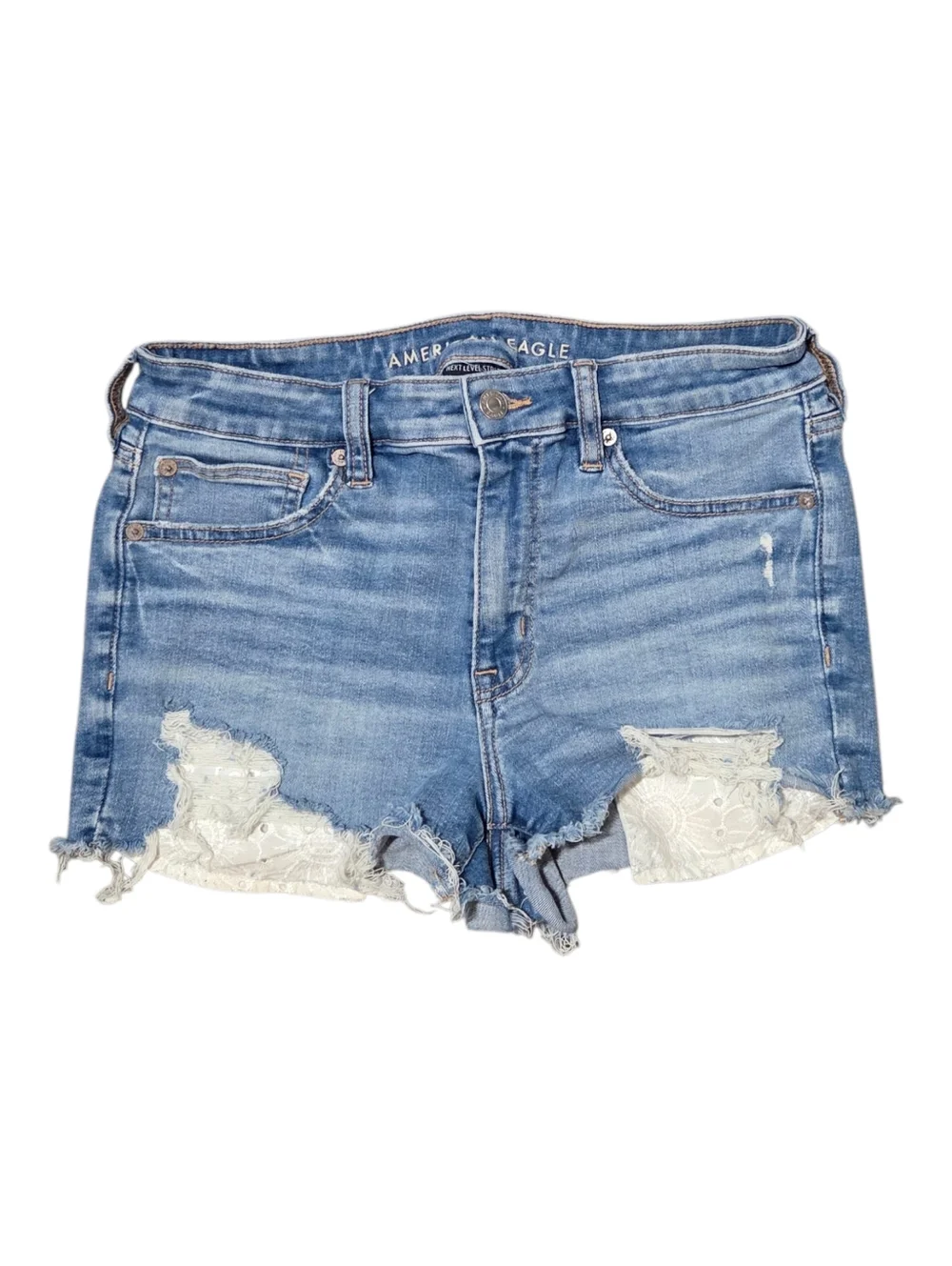 AE High Waisted Distressed Jean Shorts, Frayed Hems, PeekABoo Lace Pockets Sz 8 - Picture 1 of 4